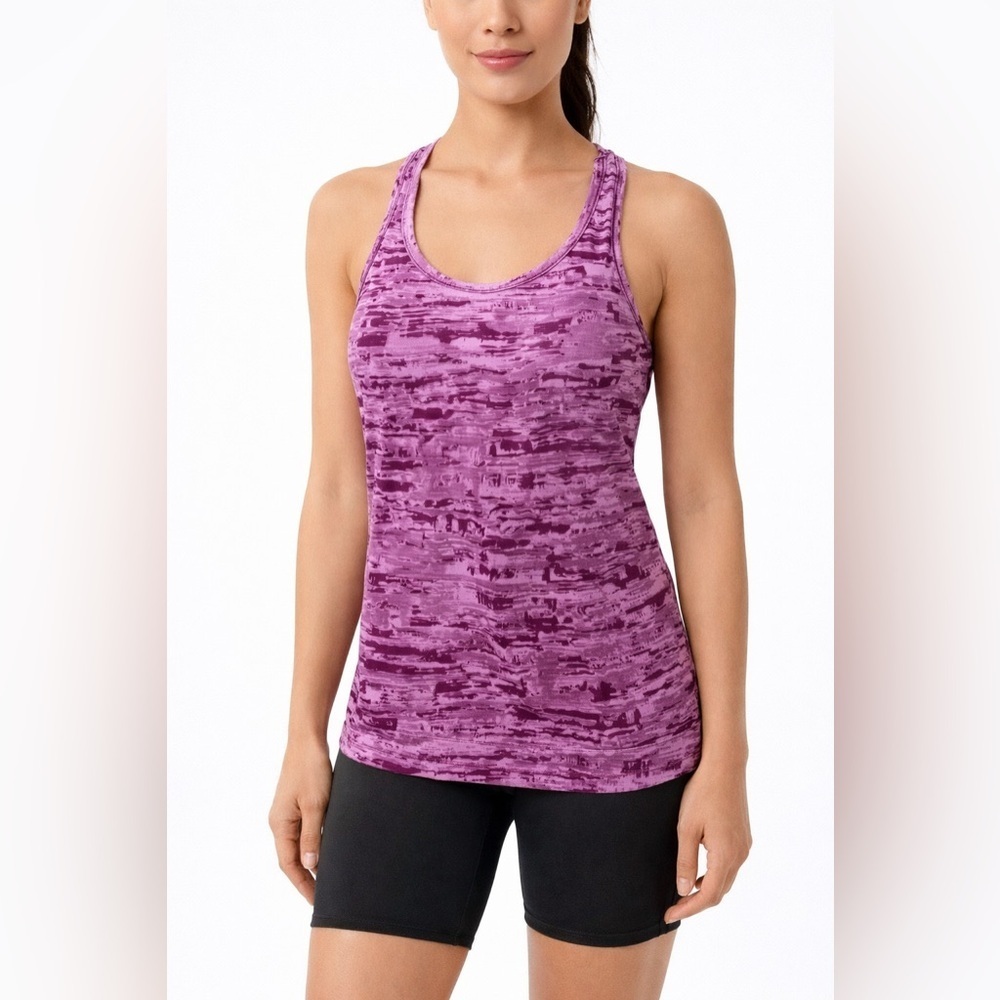 Athleta Womens Tank Top Purple Abstract Criss Cross Back Scoop Neck Stretch s
